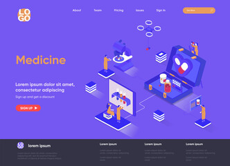 Naklejka premium Medicine isometric landing page. Modern diagnostics and treatment in clinic, laboratory examination and health care isometry web page. Website flat template, vector illustration with people characters