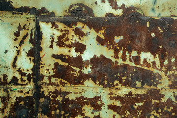 Texture of an old rusty metal wall with and peeling paint.