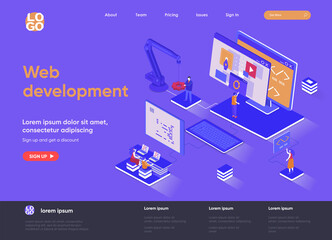 Web development isometric landing page. Full stack development, software engineering, design and programming isometry web page. Website flat template, vector illustration with people characters.