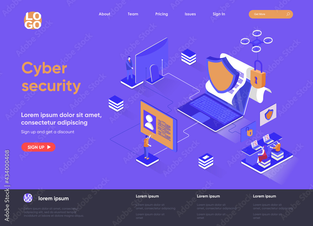 Poster cyber security isometric landing page. internet privacy, password access, firewall software and iden