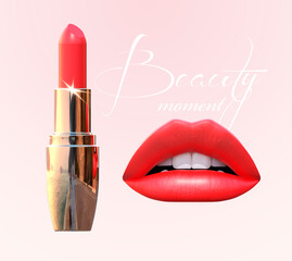 Obraz premium Lips and lipstick of red color isolated on pink background