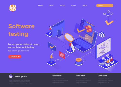 Software testing isometric landing page. Software testing and quality assurance, search of bugs and analysis process isometry web page. Website template, vector illustration with people characters.