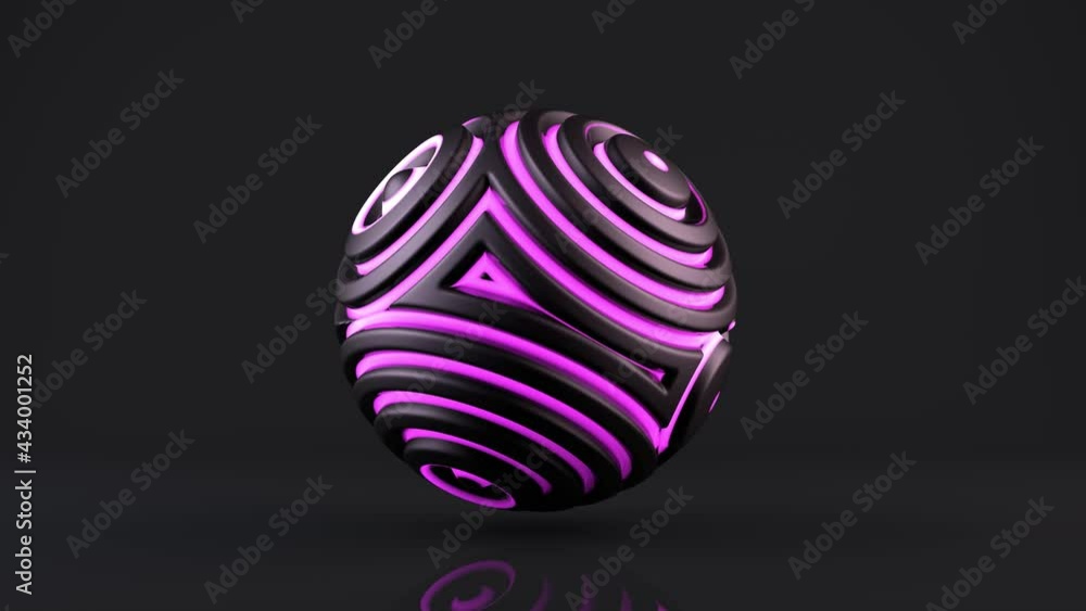 Poster a fantastic 3d sphere on a dark background with purple shining lines, constantly changing the shape 