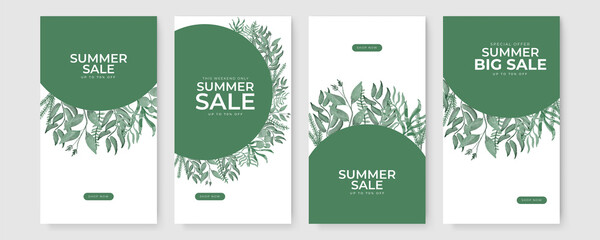 Vector set of social media stories design templates, backgrounds with copy space for text - green floral summer backgrounds for banner, greeting card, poster and advertising