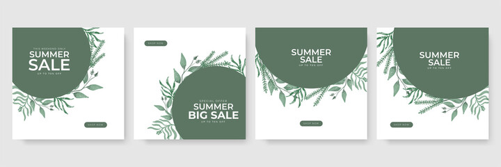 Summer sale green floral watercolour vector poster, banner template. Season backgrounds. Tropical frame with sand beach, water, leaves and fruits