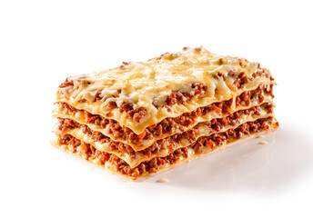 slice of lasagna with melted cheese on top and minced meat filling close-up isolated on white...