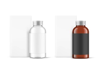 Glass bottle with screw cap mockup with box. Can be used for medical, cosmetic, food. Vector illustration isolated on white background. EPS10.