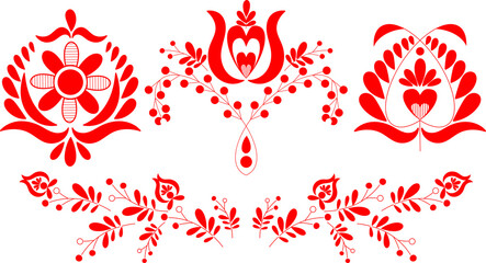 Beautiful hungarian embroidery motives in red color. Vector illustration of traditional handmade art from Kalotaszeg village. Decorative flower pattern design - obrazy, fototapety, plakaty