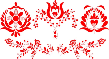 Fotobehang Beautiful hungarian embroidery motives in red color. Vector illustration of traditional handmade art from Kalotaszeg village. Decorative flower pattern design © StellaArts