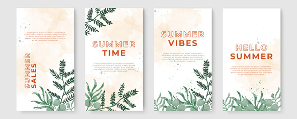 Summer stories concept for social media with floral. Bright summer banner set with palm branch, tropical leaves. Story concept. Product catalog, discount voucher, advertising.
