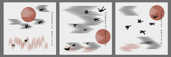 Trendy minimalist Japanese style illustrations set. Flock of birds, ducks, geese flies into bright sun, unity of water, air, nature. Vector illustration, hieroglyphs of birds.