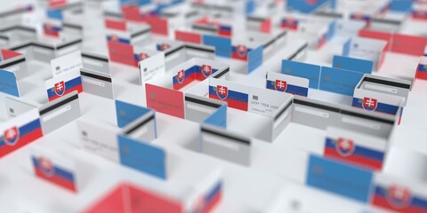 Fictional credit card maze with flag of Slovakia. Financial difficulties related 3D rendering