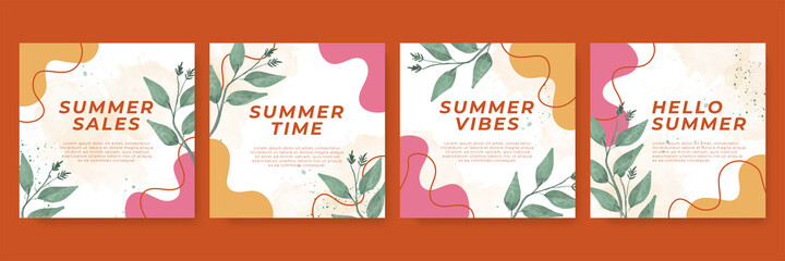 Summer sale banner template. Colorful banners with watercolour tropical palm leaves pattern. Summer promotion vertical coupon. Applicable for discount flyer, roll up, poster. Vector illustration.