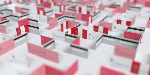 National flag of Peru on the mockup credit card maze. Financial difficulties related 3D rendering