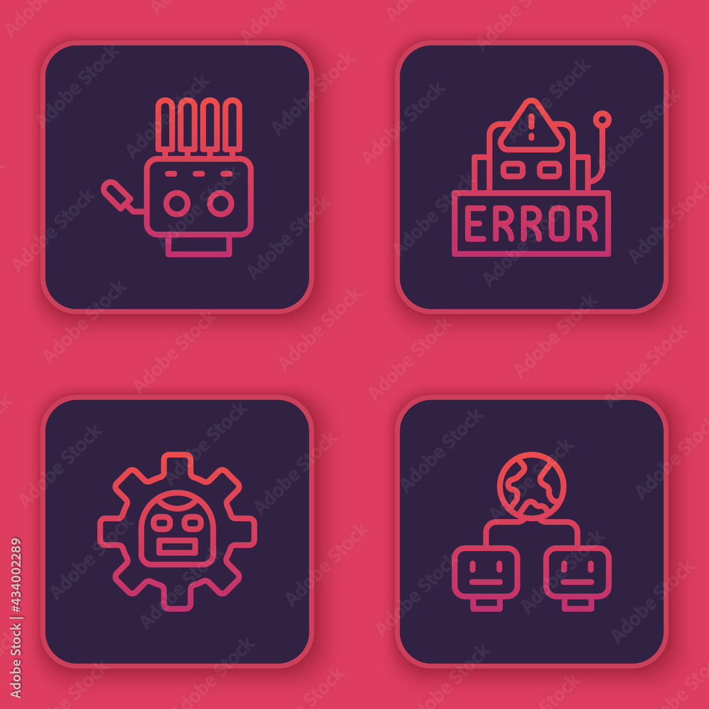 Poster set line mechanical robot hand, robot, error in and artificial intelligence. blue square button. vec