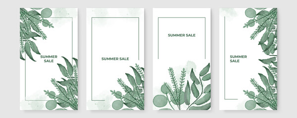 Summer stories concept for social media with floral. Bright summer banner set with palm branch, tropical leaves. Story concept. Product catalog, discount voucher, advertising.