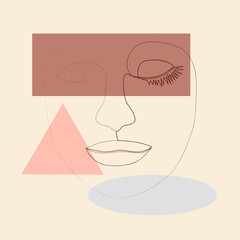 minimalist portrait of female face by one continuous line. Hand drawn abstract feminine print on a background of geometric shapes.