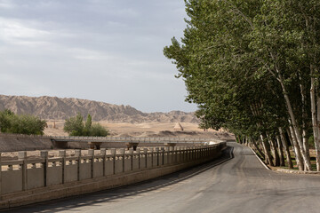 Brücke und Straße mit einer Baumallee zu den Mogao-Grotten.