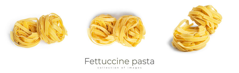 Fettuccine pasta isolated on a white background. Pasta nests.