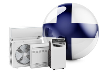 Finnish flag with cooling and climate electric devices. Manufacturing, trading and service of air conditioners in Finland, 3D rendering