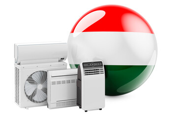 Hungarian flag with cooling and climate electric devices. Manufacturing, trading and service of air conditioners in Hungary, 3D rendering