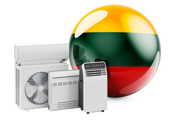 Lithuanian flag with cooling and climate electric devices. Manufacturing, trading and service of air conditioners in Lithuania, 3D rendering