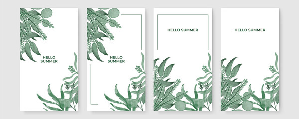 Summer stories concept for social media with floral. Bright summer banner set with palm branch, tropical leaves. Story concept. Product catalog, discount voucher, advertising.