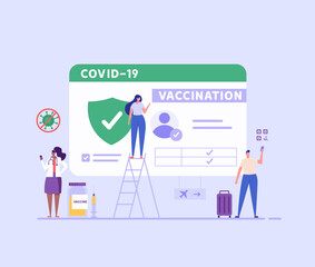 People using health passport of vaccination for covid-19. Safe travel in pandemic. Concept of vaccination certificate, coronavirus vaccine, covid-19 id card app. Vector illustration for web design