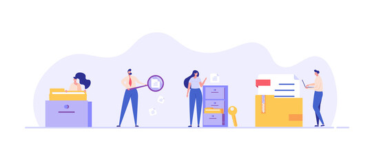 People standing next to a file storage box. Concept of document archive, data storage, safe storage, file archiving and organization, digital database. Vector illustration in flat design - obrazy, fototapety, plakaty
