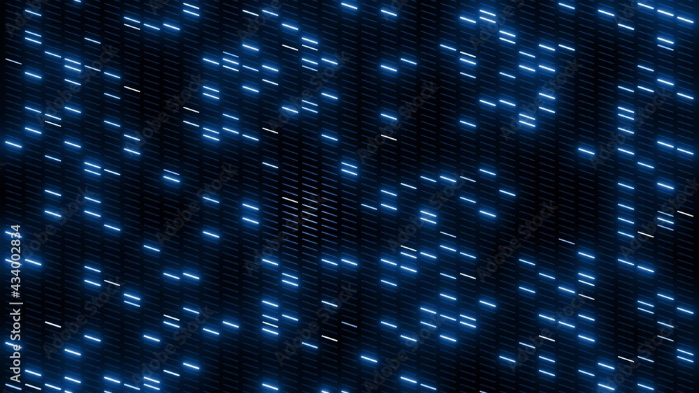 Poster 3d render. 3d abstract simple geometric background with blue blocks like light bulbs flashing neon l