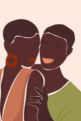 Abstract, modern, artistic, minimalistic portrait of a man and a woman. Contemporary poster. Dark-skinned male and female embrace. Vector graphics.