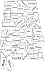 White blank vector map of the Federal State of Alabama, USA with black borders and names of its counties