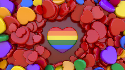 Closeup shot of colorful heart candies with a striped one in the middle
