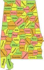 Pastel vector map of the Federal State of Alabama, USA with black borders and names of its counties