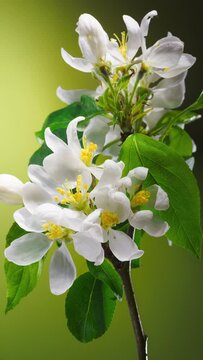 Time Lapse of Flowering Apple Tree Flowers on Green Background. Spring Flowers Opening. Blooming Fruit Tree Branch Backdrop. Vertical Video Cropping 9:16 4K UHD for Smartphone Splash Screen