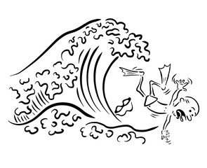 Caution at sea. Wave and swimmer. Vector illustration