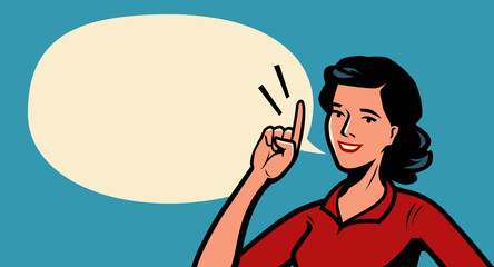 Beautiful young woman pointing to an empty seat. Business concept in retro comic style. Vector illustration