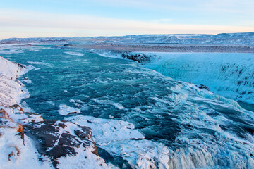 The beautiful Waterfall Gullfoss in Winter, Golden Circle, Iceland, Europe