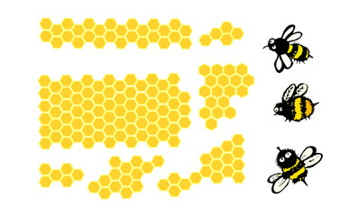 Bee honeycomb set of elements. Cute funny cartoon bees . Vector illustration