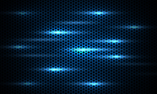 Dark blue background. Dark hexagon carbon fiber texture. Navy blue honeycomb metal texture steel background with bright flashes. Web design template vector illustration EPS 10.