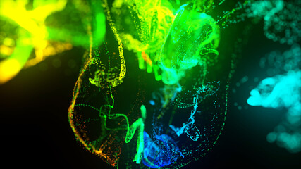 3d render. Injection of fluorescent ink in water isolated on black background. of glow particles or sparks like shiny magic spell. Fantastic background for festive event. Green yellow blue red mix