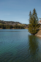 Fototapeta premium Beautiful Heidsee in Lenzerheide in Switzerland 8.5.2021