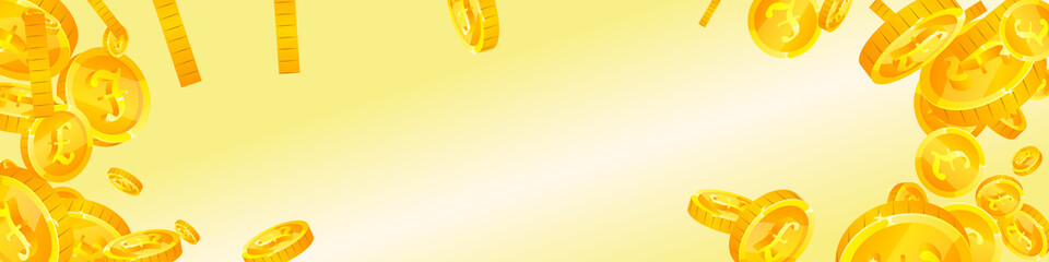 British pound coins falling. Curious scattered GBP coins. United Kingdom money. Rare jackpot, wealth or success concept. Vector illustration.