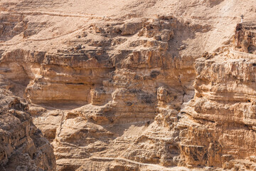 Judean Desert, Israel. Mountain landscape. Wadi Qelt land. Canyon and stairs near the Saint George monastery