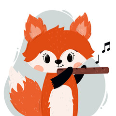 cute illustration of a baby fox playing flute. Good for nursery room decor, prints, cards, posters, signs, kids apparel, stickers, etc.  © Натали Осипова
