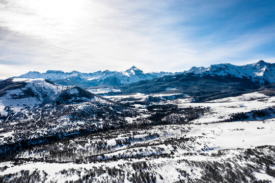 Aerial Drone Photo - Beautiful Snow Covered Mountains of Telluride, Colorado.  Winter