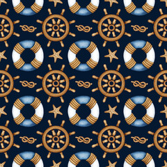 Watercolor Nautical Vessel Equipment, Traveling, Sea Life marine seamless pattern. Ship Navigation. Lifebuoy, Steering wheel, Rope Knot, Starfish. Hand drawn maritime background for kids print design