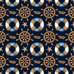Watercolor Nautical Vessel Equipment, Traveling, Sea Life marine seamless pattern. Ship Navigation. Lifebuoy, Steering wheel, Rope Knot, Starfish. Hand drawn maritime background for kids print design