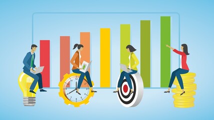 Business finance teamwork and projektplan for growth. People working and analyzing progress. Concept business success. Dimension 16:9. EPS10. Vector illustration.