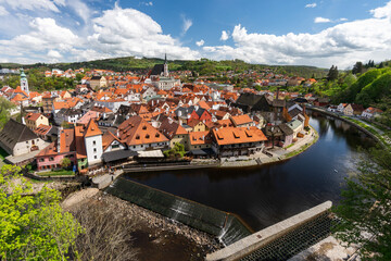 Fototapeta na wymiar Beautiful old town at Cesky Krumlov, Czech Republic. UNESCO World Heritage Site. Panoramic view on city from hill.